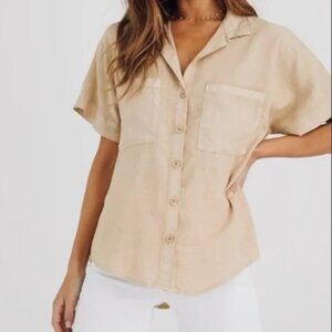 EUC Bella Dahl Short Sleeve Tencel Button Down Top Sz S Small Color Linen Sand